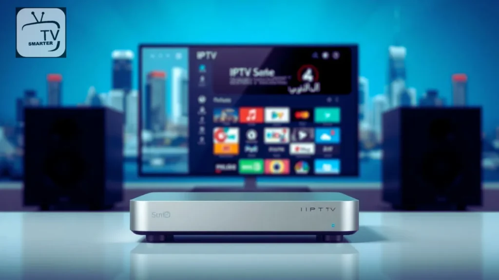 جهاز استقبال IPTV حديث مع واجهة مستخدم على لابتوب، وخلفية مدينة رقمية تعكس الانتشار العالمي والتطور التكنولوجي.